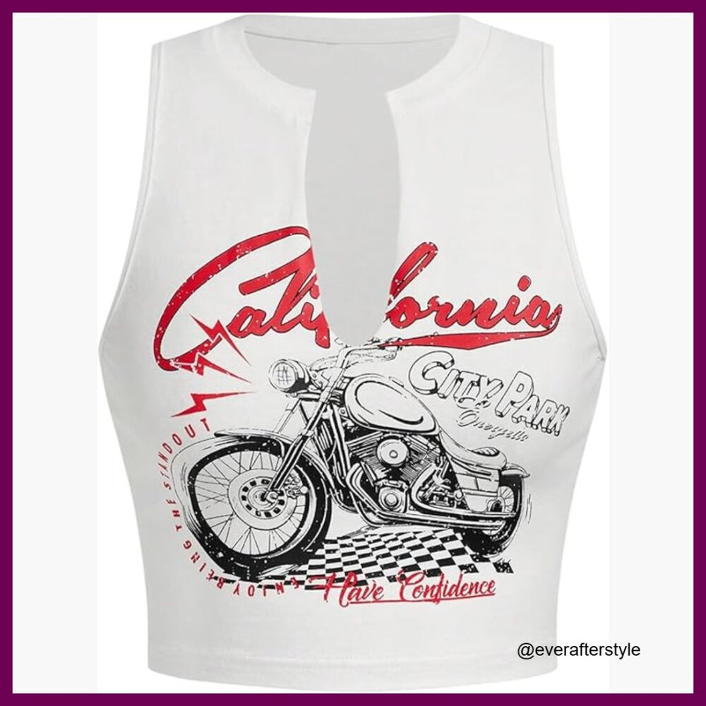 Letter Graphic Notched V Neck Sleeveless Crop Tank Top